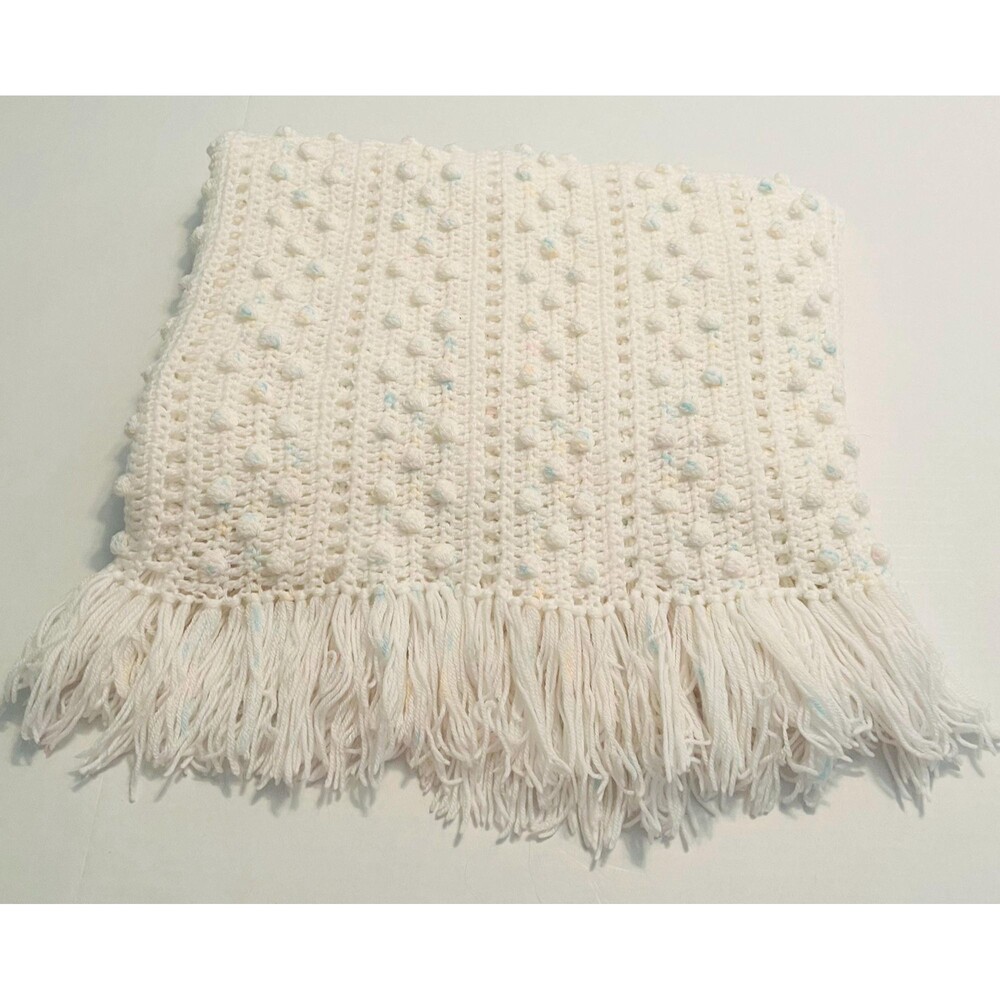 Vintage Handmade white blue pink crochet throw blanket textured bobble fringe